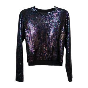 RtA Iridescent Sequin Long Sleeve Top in Black Step Hem Round Neck Women's XS